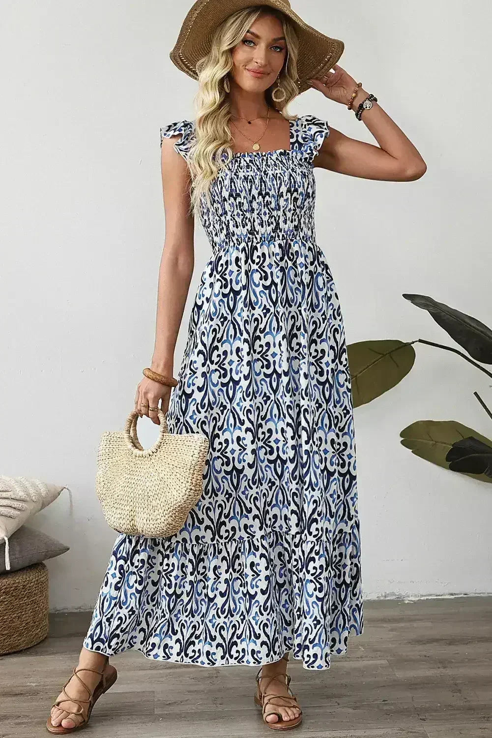 Sky Blue Boho Print Smocked High Waist Maxi Dress