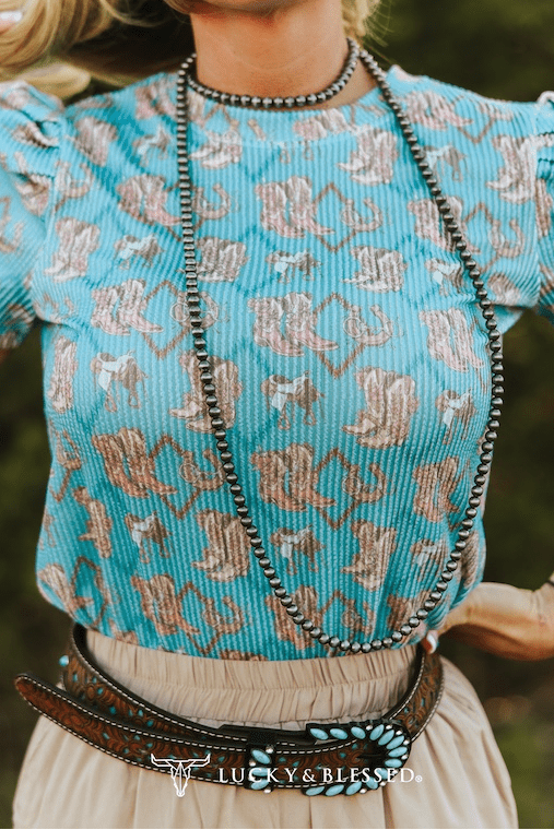 Turquoise Boots Printed Puff Short Sleeve Top